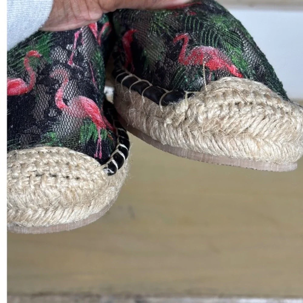 Mei Qi‎ Yi Ku Women Flamingo Tropical Lace Mesh Espadrille Flats Black Green 39